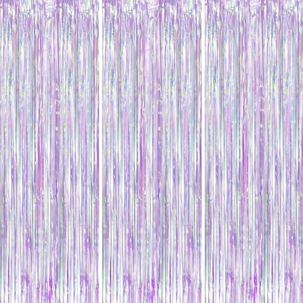 Iridescent Party Backdrop 3Packs, Transparent Tinsel Foil Fringe Curtain Streamers for Girls Birthday, Weddings,Engagement, Mermaid, Unicorn Theme Party Decorations 3.3x8.2ft