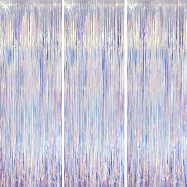 Iridescent Party Backdrop 3Packs Transparent Tinsel Foil Fringe Curtain for Frozen Mermaid Sea Birthday Party Decorations, 3.3x8.2ft Streamers Backdrops