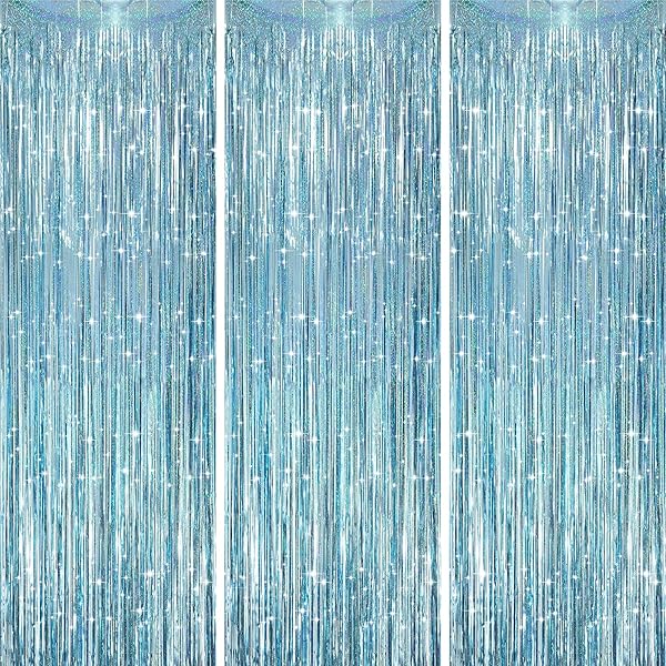 3 Pack 3.3 x 8.2 ft Laser Blue Foil Fringe Backdrop Curtains, Tinsel Streamers Party Decorations, Fringe Backdrop