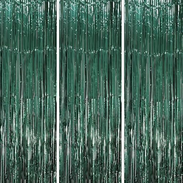 3 Pack 3.3 x 8.2 ft Retro Green Foil Fringe Backdrop Curtains, Tinsel Streamers Party Decorations, Fringe Backdrop, Door Shimmer for Christmas