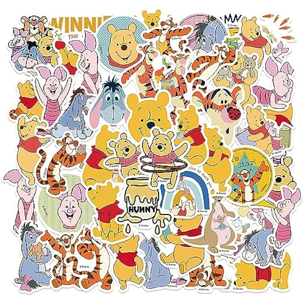 50pcs Pooh Bear Stickers for Kids Water Bottle, Cute Disney Cartoon Stickers for Teen Girl Travel Case, Laptop, Guitar, Skateboard, Phone, Computer, Bike, Helmet, Notebook