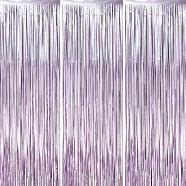 3 Pack 3.3 x 8.2 ft Light Purple Foil Fringe Backdrop Curtains, Tinsel Streamers Party Decorations, Fringe Backdrop, Door Shimmer for Baby Shower or Birthday Party