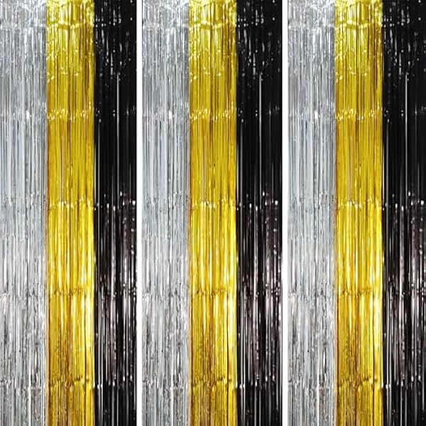 3 Pack 3.3 x 8.2 ft Black Gold Silver Foil Fringe Backdrop Curtains, Tinsel Streamers Party Decorations, Fringe Backdrop, Door Shimmer for New Years or Birthday Party