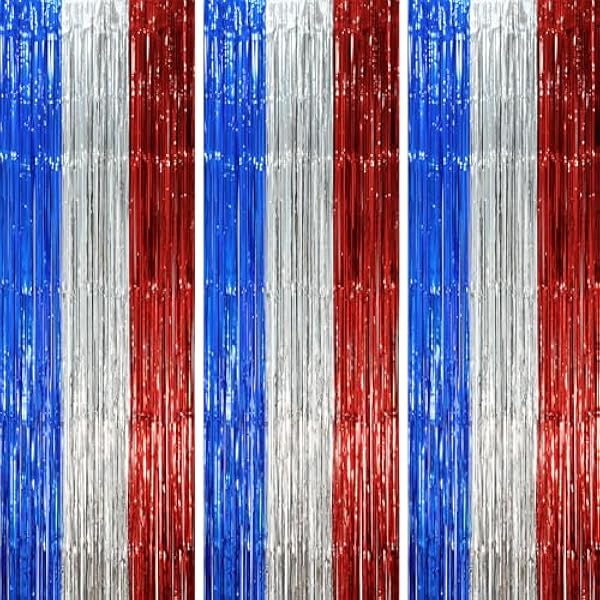 3 Pack 3.3 x 8.2 ft Blue Red Silver Foil Fringe Backdrop Curtains, Tinsel Streamers Party Decorations, Fringe Backdrop, Door Shimmer for Independence Day or Birthday Party