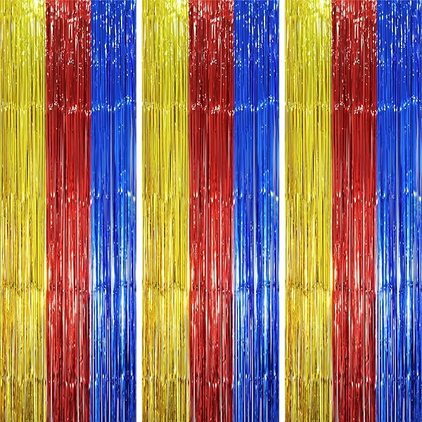 3 Pack 3.3 x 8.2 ft Blue Red Gold Foil Fringe Backdrop Curtains, Tinsel Streamers Party Decorations, Fringe Backdrop, Door Shimmer for Birthday Party