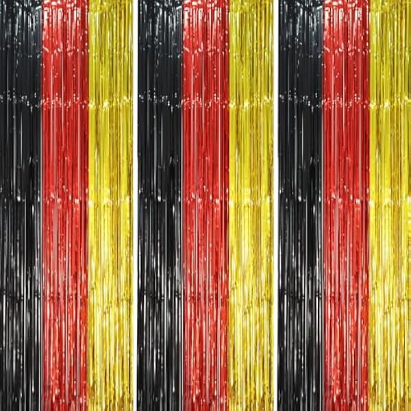 3 Pack 3.3 x 8.2 ft Red Black Gold Foil Fringe Backdrop Curtains, Tinsel Streamers Party Decorations, Fringe Backdrop, Door Shimmer for Thanksgiving Day or Birthday Party