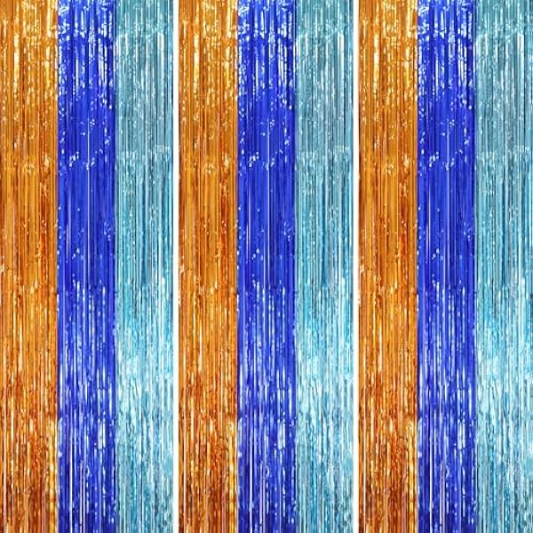 3 Pack 3.3 x 8.2 ft Blue Orange Foil Fringe Backdrop Curtains, Tinsel Streamers Party Decorations, Fringe Backdrop, Door Shimmer for Birthday Party
