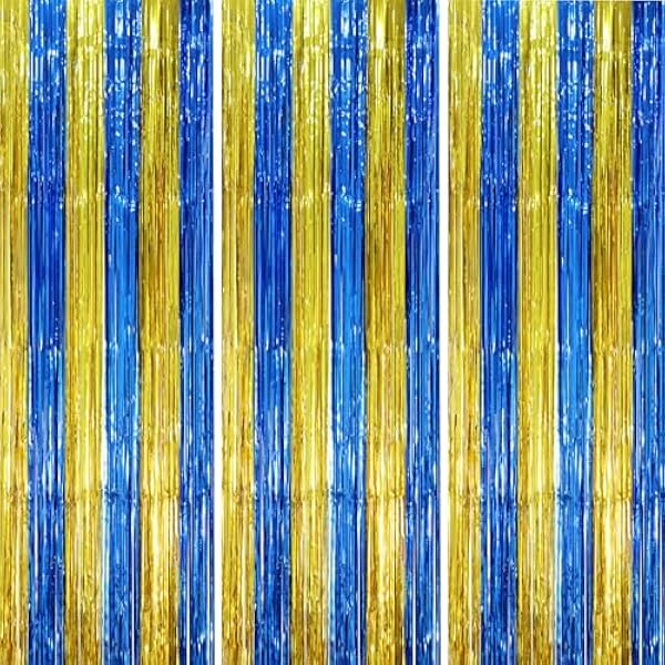 3 Pack 3.3 x 8.2 ft Blue Gold Foil Fringe Backdrop Curtains, Tinsel Streamers Party Decorations, Fringe Backdrop, Door Shimmer for Father's Day Graduation or Birthday Party