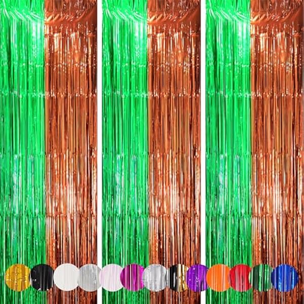 3 Pack 3.3 x 8.2 ft Green and Brown Foil Fringe Backdrop Curtains, Tinsel Streamers Party Decorations, Fringe Backdrop, Door Shimmer for Super Bowl or Birthday Party