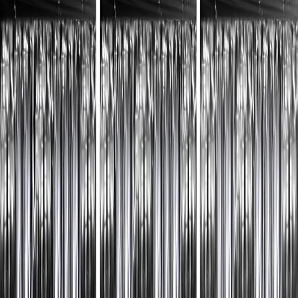 3 Pack 3.3 x 8.2 ft Matte Black Foil Fringe Backdrop Curtains,Gray Tinsel Streamers Party Decorations, Fringe Backdrop, Door Shimmer for New Years, Halloween, Black Theme Party