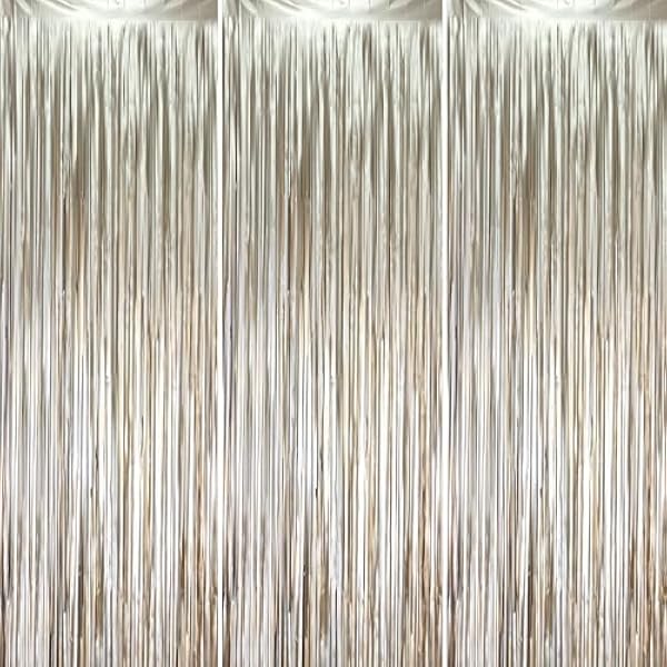 3 Pack 3.3 x 8.2 ft Matte Champagne Foil Fringe Backdrop Curtains, Gold Tinsel Streamers Party Decorations, Fringe Backdrop, Door Shimmer for Graduation, New Years Eve, Birthday Party
