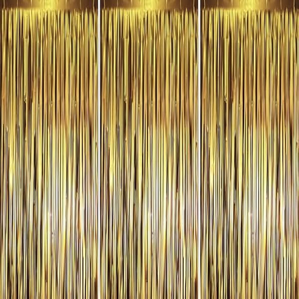 3 Pack 3.3 x 8.2 ft Matte Gold Foil Fringe Backdrop Curtains, Tinsel Streamers Party Decorations, Fringe Backdrop, Door Shimmer for Graduation, New Years Eve, Birthday Party