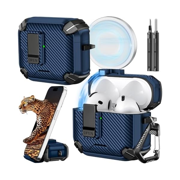 Inesore Compatible with AirPods 4th Case with Phone Stand & Cleaning Kit,Compatible with Magsafe,Magnetic Automatic Lock for Airpods 4 with Active Noise Cancellation Charging Cover (2024) (Dark Blue)