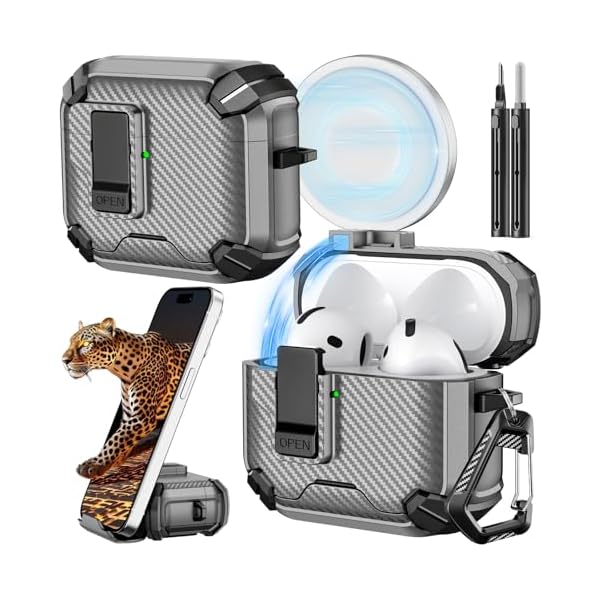 Inesore Compatible with AirPods 4th Case with Phone Stand & Cleaning Kit,Compatible with Magsafe,Magnetic Automatic Lock for Airpods 4 with Active Noise Cancellation Charging Cover (2024) (Gray)