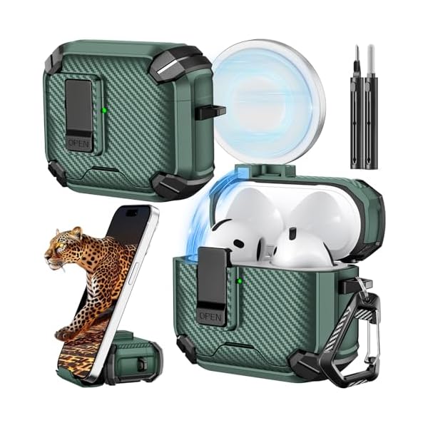 Inesore Compatible with AirPods 4th Case with Phone Stand & Cleaning Kit,Compatible with Magsafe,Magnetic Automatic Lock for Airpods 4 with Active Noise Cancellation Charging Cover (2024) (Green)