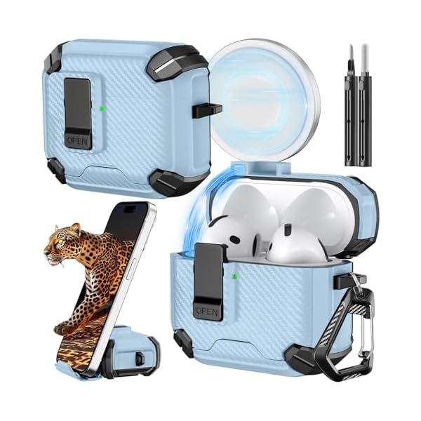 Inesore Compatible with AirPods 4th Case With Phone Stand & Cleaning Kit,Compatible with Magsafe,Magnetic Automatic Lock for Airpods 4 with Active Noise Cancellation Charging Cover (2024) (light blue)