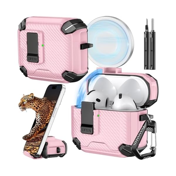 Inesore Compatible with AirPods 4th Case with Phone Stand & Cleaning Kit,Compatible with Magsafe,Magnetic Automatic Lock for Airpods 4 with Active Noise Cancellation Charging Cover (2024) (Pink)