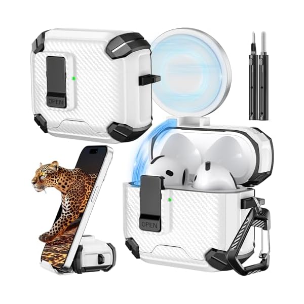 Inesore Compatible with AirPods 4th Case with Phone Stand & Cleaning Kit,Compatible with Magsafe,Magnetic Automatic Lock for Airpods 4 with Active Noise Cancellation Charging Cover (2024) (White)