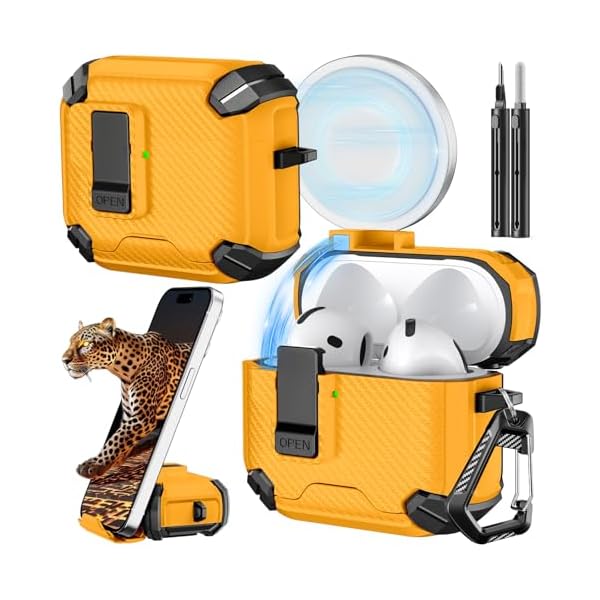 Inesore Compatible with AirPods 4th Case with Phone Stand & Cleaning Kit,Compatible with Magsafe,Magnetic Automatic Lock for Airpods 4 with Active Noise Cancellation Charging Cover (2024) (Yellow)