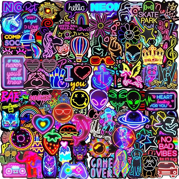 Water Bottle Stickers 200 Pcs Cool Neon Sticker Packs, Prizes for Kids Classroom Reward, Waterproof Vinyl Stickers for Water Bottles Laptop Skateboard Scrapbooking Journaling Notesbook Luggage etc