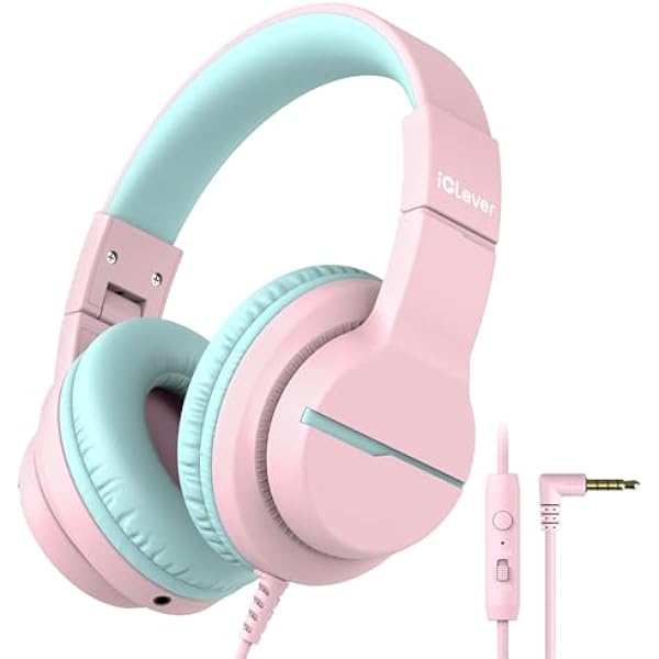 iClever HS19 Kids Headphones with Microphone for School, Safe Volume Limited, Over-Ear Girls Boys Headphones for Kids with Shareport, Foldable Wired for iPad/Travel (Pink)
