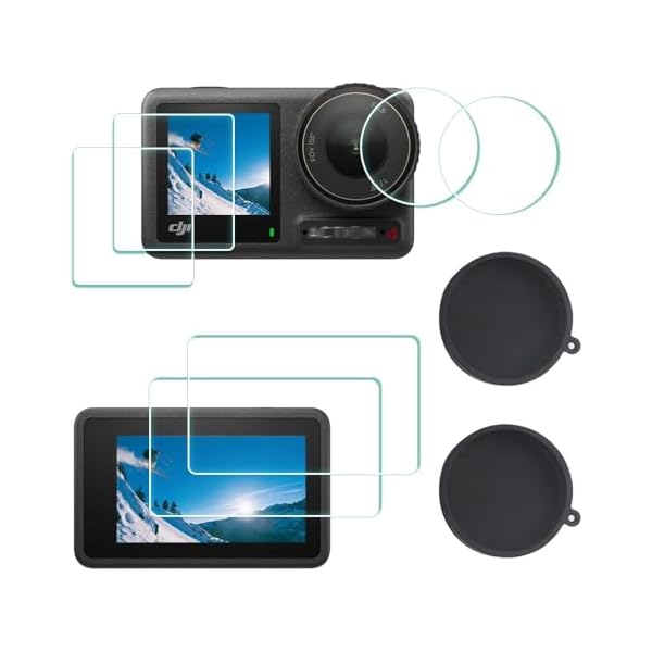 Screen Protector for DJI OSMO Action 4 Camera + Silicone Lens cap Cover, 0.3mm 9H Hardness Tempered Glass Protector, Anti-Scrach Anti-Fingerprint Anti-Bubble [2+6 Pieces]