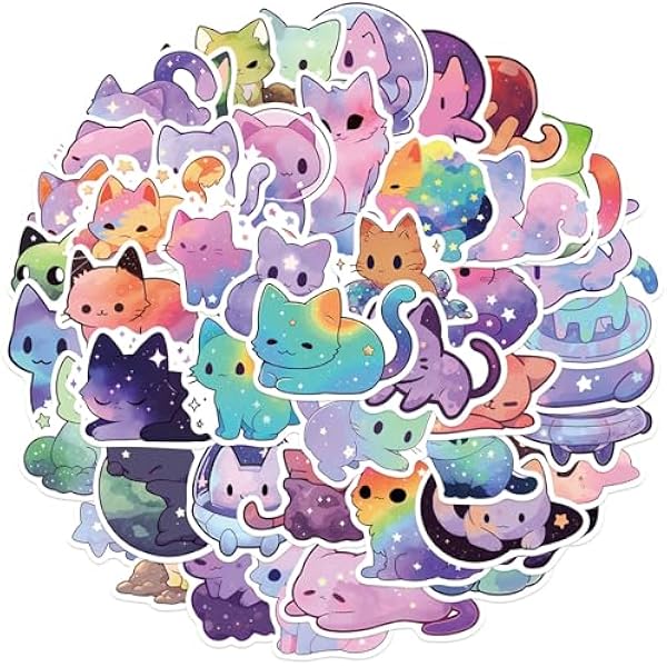 50Pcs Cute Starry Sky Cat Stickers, Rainbow Color Cat Sticker Galaxy Collection Stickers for Water Bottles, Pet Lover Gifts for Kids Men and Women (Astral Cat)