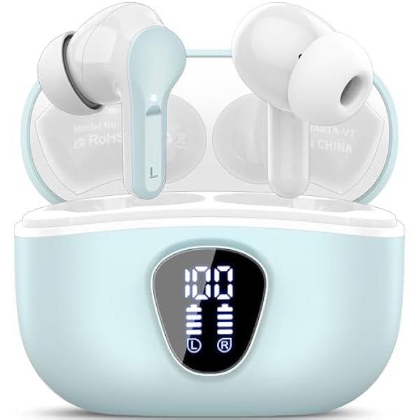 Wireless Earbuds, Bluetooth 5.4 Headphones HiFi Stereo, Bluetooth Earbuds with ENC Noise Cancelling Mic, IP7 Waterproof in Ear Earphones, 48H, LED Display Ear buds for Pad Phones Workout Sports, Azure