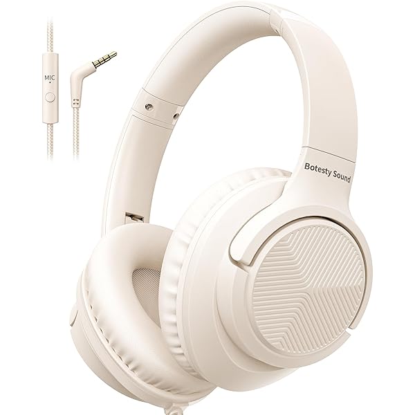 Headphones Wired with Microphone, Over Ear Foldable 3.5mm Plug in Headphones Corded with 4.9ft Tangle-Free Nylon Cord for Tablet, Laptop, MP3/4, School, Airplane Travel (Beige)