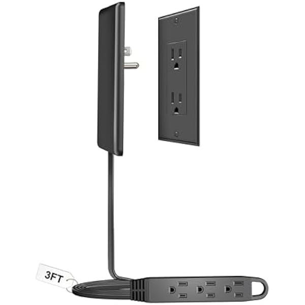 3FT Ultra Flat Plug Extension Cord Power Strip with 3 Outlets, Patented Detachable Ultra-Thin Outlet Cover Concealer & Ultra-Flat Plug, Max. 13A 125V 1625W ETL Listed, Black Color