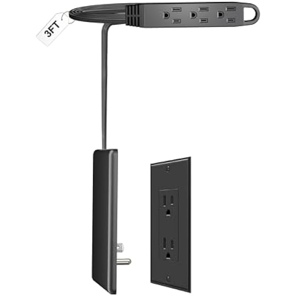 3FT Ultra Flat Plug Extension Cord Power Strip with 3 Outlets, Patented Detachable Ultra-Thin Outlet Cover Concealer & Ultra-Flat Plug, Max. 13A 125V 1625W ETL Listed, Black Color