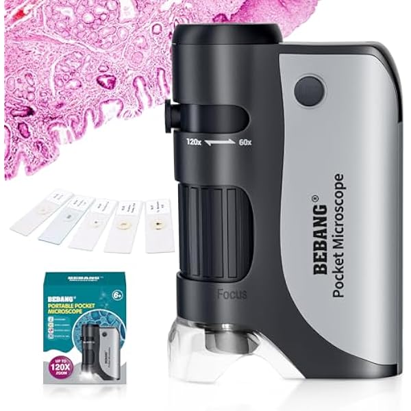 BEBANG Pocket Microscope,60X-120X Handheld Mini Microscope for Kids with LED Lighted Zoom, Portable Microscope Kits with 5 Pcs Slides for Adults Microbiological Observation Preschool Home Study Gifts