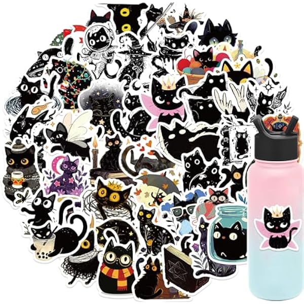 50Pcs Black Cat Stickers for Kids - Cute Animal Stickers Cute Gifts for Girls Boys - Waterproof Vinyl Sticker for Kids Waterbottle Laptop Guitar Classroom Prizes for Elementary Students (Black Cat)