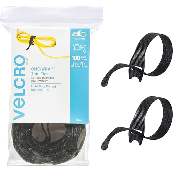 VELCRO Brand ONE-WRAP Cable Ties, 100Pk, 8 x 1/2" Black Cord Organization Straps, Thin Pre-Cut Design, Wire Management for Organizing Home, Office and Data Centers