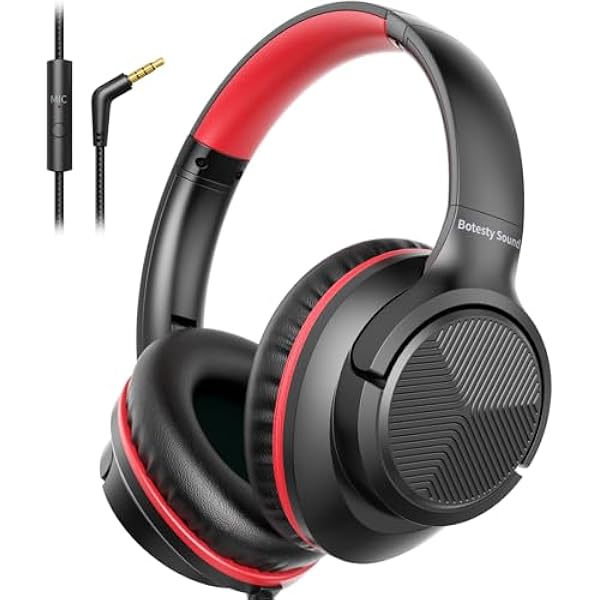 Headphones Wired with Microphone, Over Ear Foldable 3.5mm Plug in Headphones Corded with 4.9ft Tangle-Free Nylon Cord for Tablet, Laptop, MP3/4, School, Airplane Travel (Black Red)