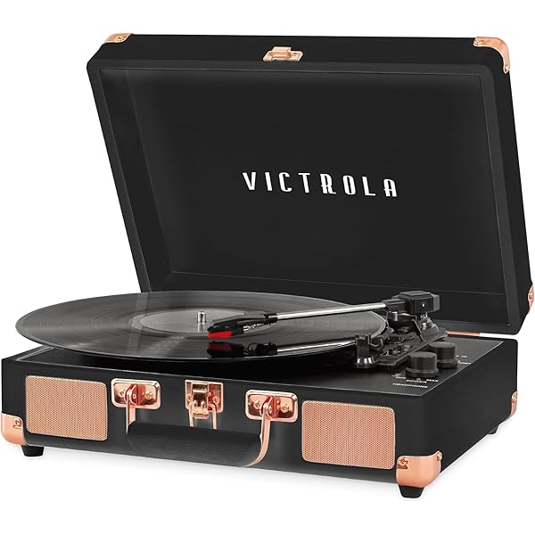 Victrola Journey Bluetooth Portable Suitcase Record Player – with Built-in Speakers, 3 Speed Vinyl Record Player, RCA Out, Headphone Jack (Black Rose Gold)