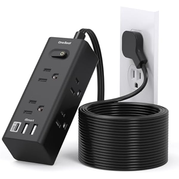 15Ft Extension Cord with Multiple Outlets, Flat Plug Power Strip Surge Protector with 15 Ft Long Cord, 6 Outlet 3 USB Ports (1 USB C), Multi Outlet Wall Plug for Travel, College, Dorm Essentials-Black