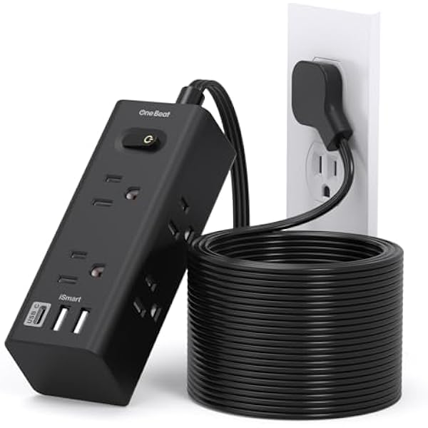 20Ft Extension Cord with Multiple Outlets, Flat Plug Power Strip Surge Protector with 20 Ft Long Cord, 6 Outlet 3 USB Ports (1 USB C), Multi Outlet Wall Plug for Travel, College, Dorm Essentials-Black