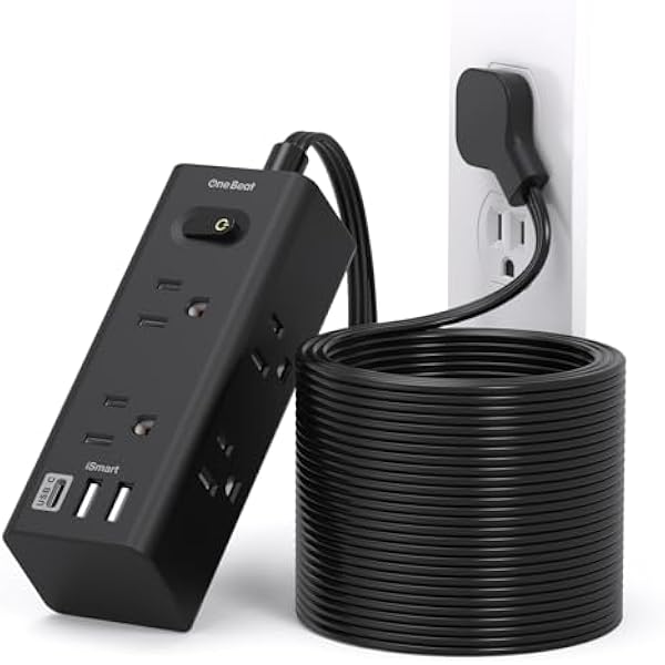 25Ft Extension Cord with Multiple Outlets, Flat Plug Power Strip Surge Protector with 25 Ft Long Cord, 6 Outlet 3 USB Ports (1 USB C), Multi Outlet Wall Plug for Travel, College, Dorm Essentials-Black