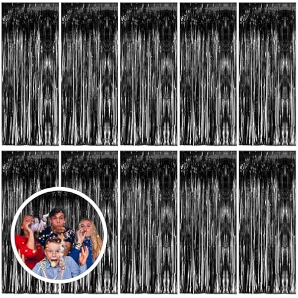 10 Pack Black Party Streamers Backdrop Tinsel Foil Fringe Curtains Halloween Birthday Party Decorations Graduation Wizard Party Supplies
