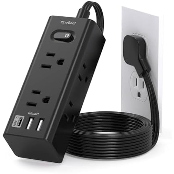 3Ft Extension Cord with Multiple Outlets, Flat Plug Power Strip Surge Protector with 1 Ft Cord, 6 Outlet 3 USB Ports (1 USB C), Multi Outlet Wall Plug for Travel, Dorm Room Essentials-Black