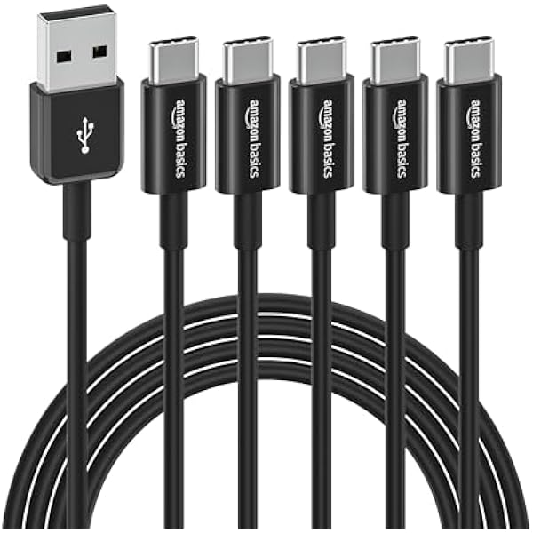 Amazon Basics 5-Pack USB-C to USB-A 2.0 Fast Charger Cable, 480Mbps Speed, USB-IF Certified, for Apple iPhone 16/15, iPad, Samsung Galaxy, Laptops, 6 foot, Black