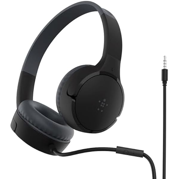 Belkin SoundForm Mini Kids Wired Headphones with Built-in Microphone & Fun Stickers, 85dB Safe Volume Limit – for Online Learning, Travel, Compatible w/iPhone 15, iPad, Galaxy S23, & More - Black