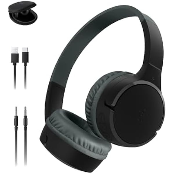 Belkin SoundForm Mini Kids Wireless Headphones w/Built-in Microphone, 30H of Playback Time, Fun Stickers, & Case - Over-Ear Headsets for Online Learning, School, iPhone, iPad, Galaxy, & More - Black