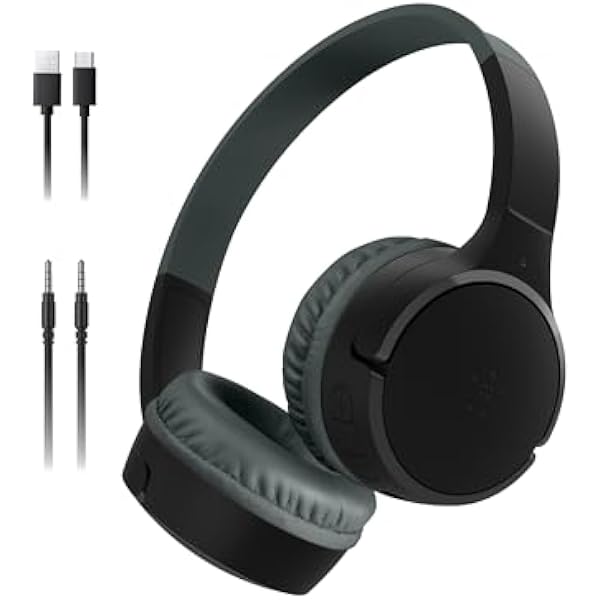 Belkin SoundForm Mini Kids Wireless Headphones w/Built-in Microphone, 30H of Playback Time, & Fun Stickers - Over-Ear Headsets for Online Learning, School, Travel, iPhone, iPad, Galaxy & More - Black