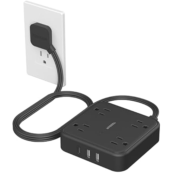 Surge Protector Flat Extension Cord 5FT, TESSAN Flat Plug Power Strip with 4 Outlets 3 USB C Ports (1 USB C), 900 Joules Protection, Multiple Wall Outlet Extender Suitable for Home Office Dorm, Black