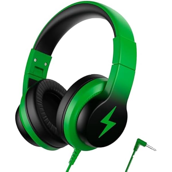Kids Headphones, Wired Headphones for Kids Over Ear with Microphone, 85/94dB Volume Limiter Headphone for Girls Boys, Foldable Headphone for Learning & Entertainment, Black and Green