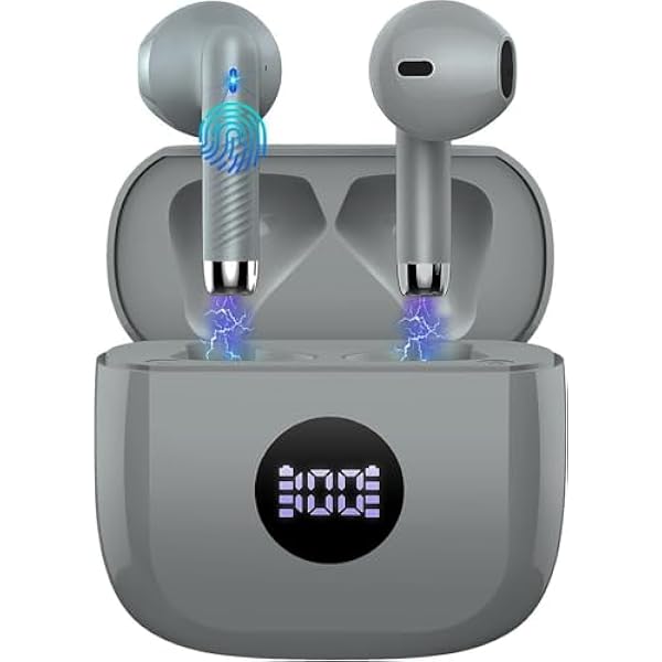 Jxrev Wireless Earbuds, Bluetooth 5.4 Earbuds Stereo Bass, Bluetooth Headphones in Ear Noise Cancelling Mic, Sports Earphones IP7 Waterproof USB C, 40H Playtime Mini Charging Case Ear Buds Gray