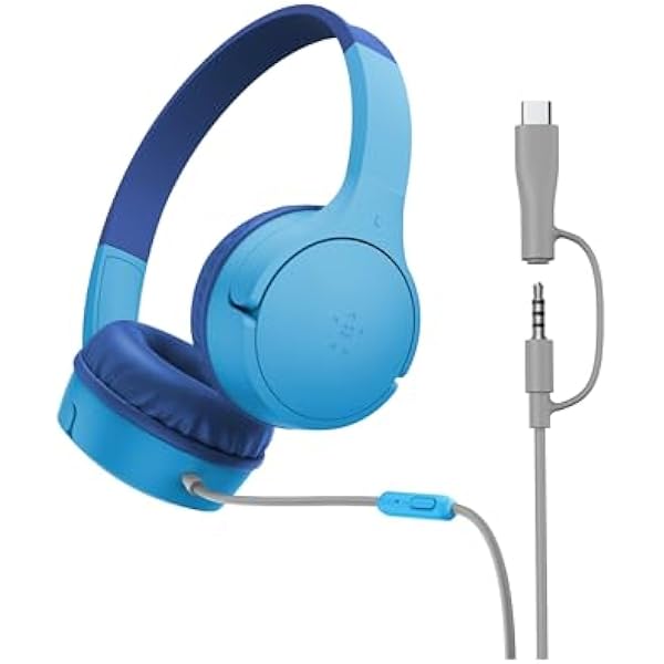 Belkin SoundForm Mini Kids Wired Headphones w/USB C to 3.5mm Dongle, Built-in Mic & Fun Stickers, 85dB Max Volume – for Online Learning, Travel, Compatible w/iPhone 16, iPad, Galaxy S25, etc - Blue
