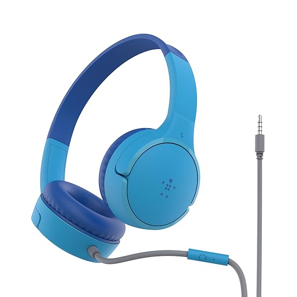 Belkin SoundForm Mini Kids Wired Headphones w/USB C to 3.5mm Dongle, Built-in Mic & Fun Stickers, 85dB Max Volume – for Online Learning, Travel, Compatible w/iPhone 16, iPad, Galaxy S25, etc - Blue